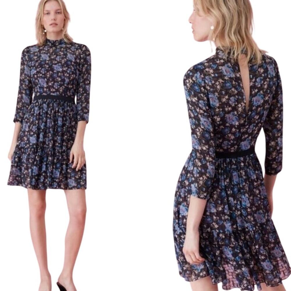 Rebecca Taylor Solstice Silk Dress Blue Floral 0 Mockneck Ruffle Event Whimsical
